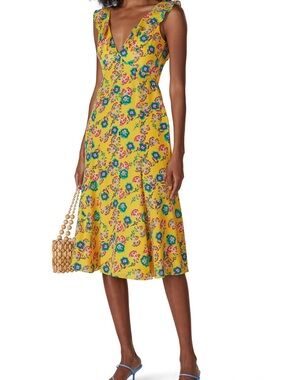 SALONI~Yellow Print 100% Silk Dress w/ a Deep V Back~Lined~Size 6~